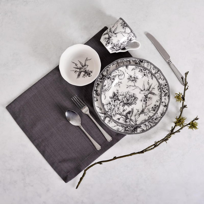 222 Fifth Adelaide 16-Piece Black Porcelain Dinnerware Set â€“ Service for 4, Featuring Hand-Applied Romantic Woodland Bird Design, for Everyday Dining & Entertainment, Microwave & Dishwasher Safe - Image 3